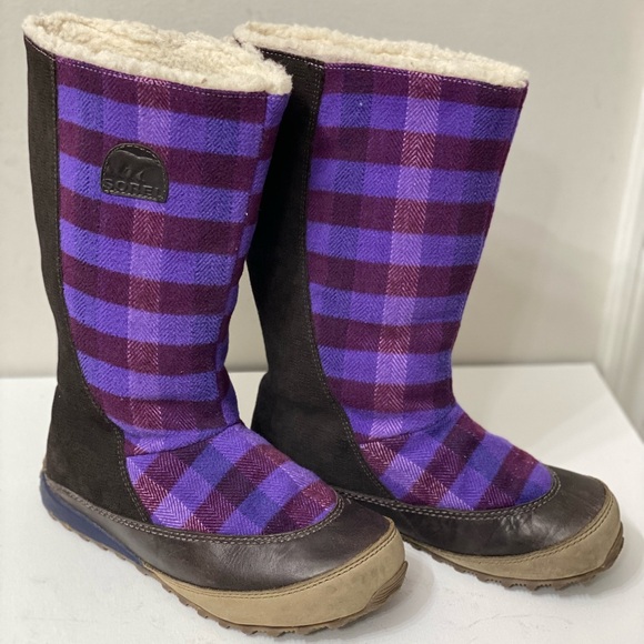 SOREL women’s boots, SOREL purple plaid mid-calf boots. SOREL women wool upper. - Picture 2 of 5